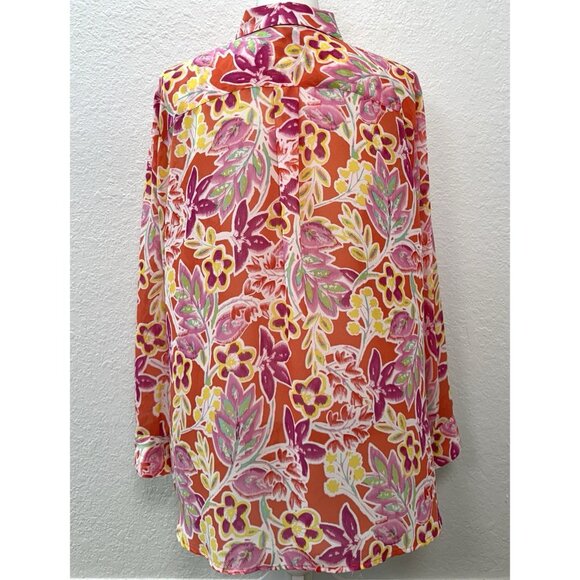 CHAPS Womens 2X Orange/Pink Floral Sheer Silky L/S Button-Up BLOUSE Shirt Bright - Picture 2 of 7